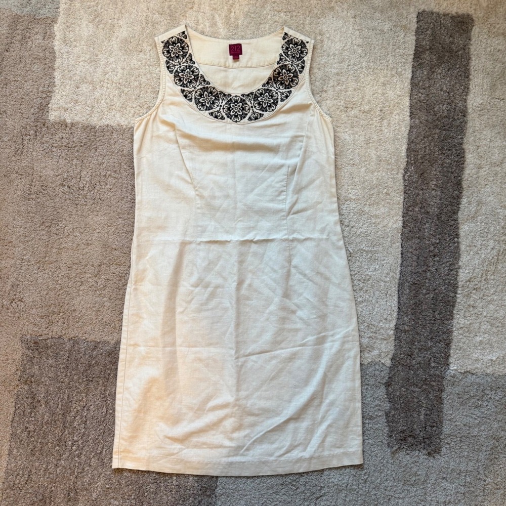 212 Collection Womens Linen Blend Embroidered Sheath Dress Cream Size 6 Floral